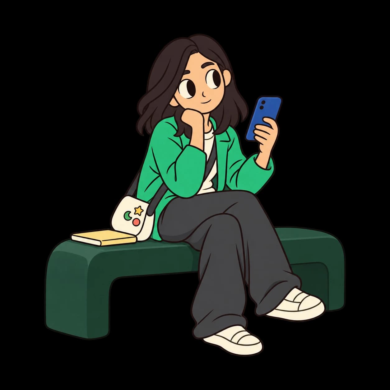 Mery sits with her notebook beside her, thoughtfully looking at her phone.