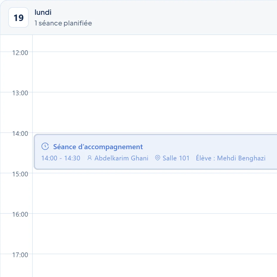 Calendrier du tableau de bord de l’établissement avec une séance d’accompagnement planifiée : membre du personnel, salle et élève.