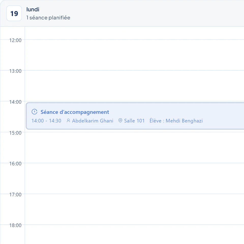 Calendrier du tableau de bord de l’établissement avec une séance d’accompagnement planifiée : membre du personnel, salle et élève.