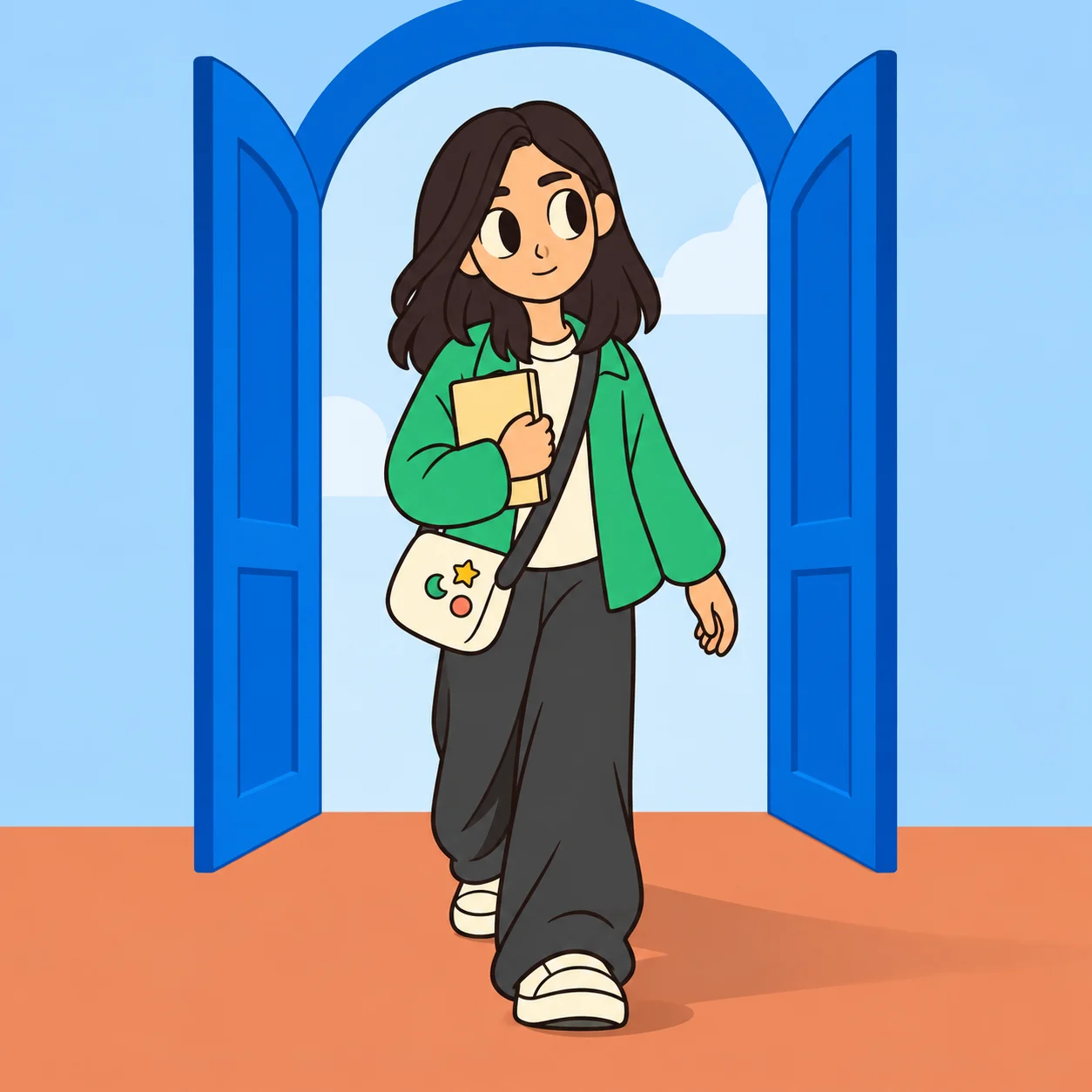 Mery franchit une porte bleue ouverte, portant son cahier.