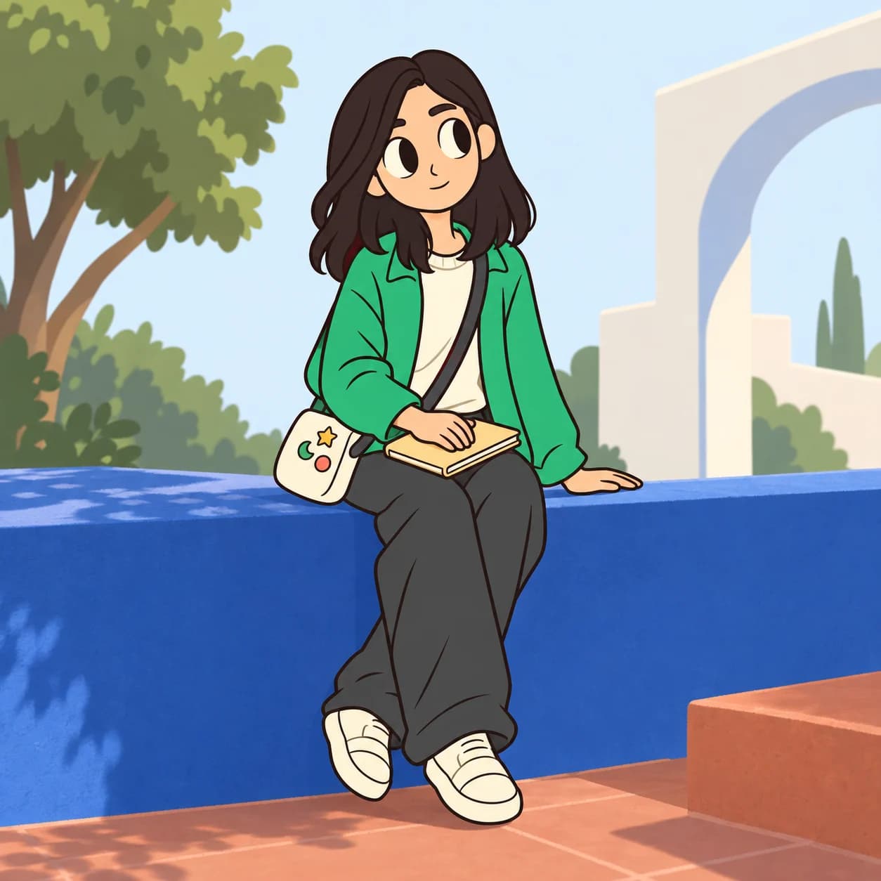 Mery assise dans une cour avec son cahier, levant les yeux pensivement.